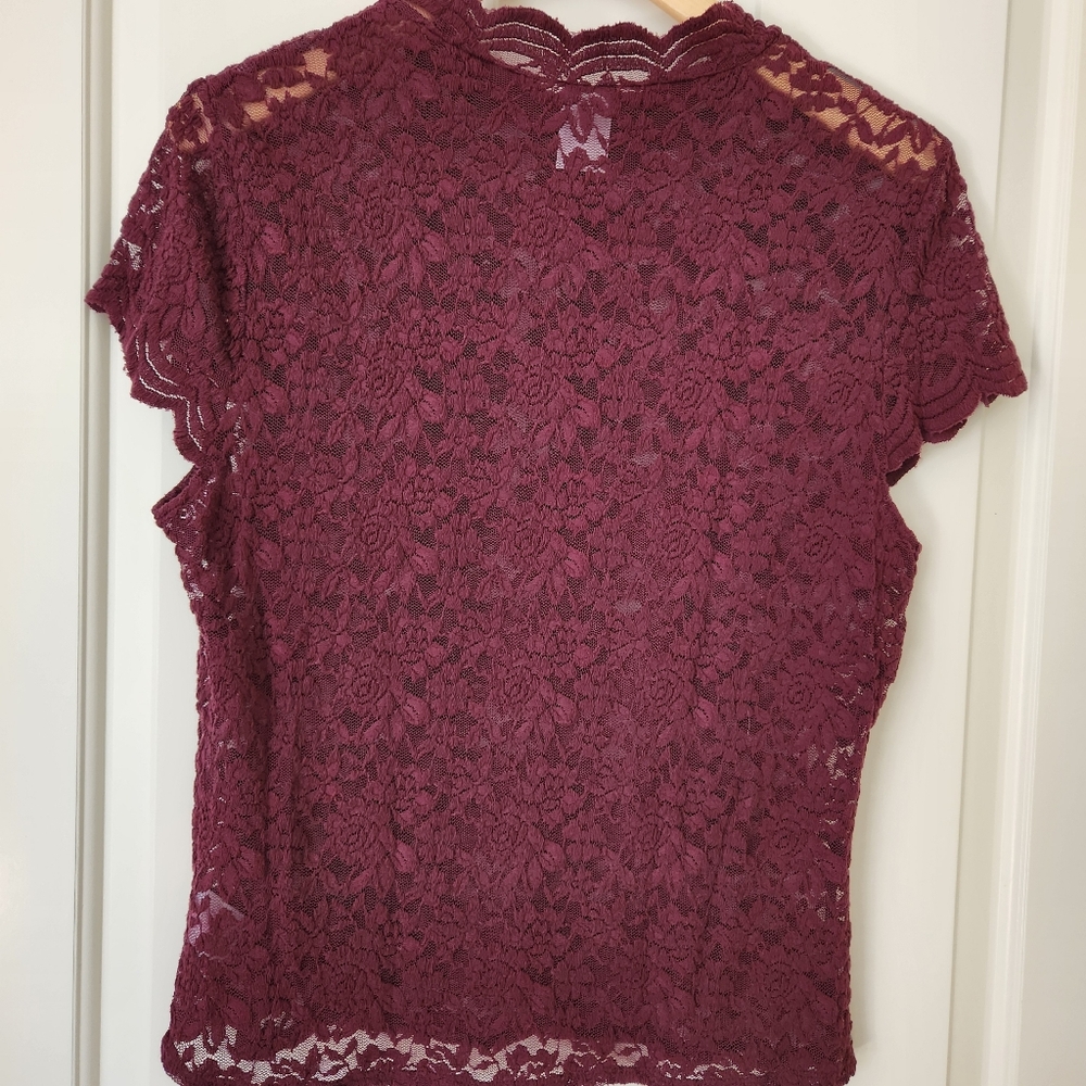 Lace Sheer Top Stretchy Whimsigoth Short Sleeve Maroon Burgundy Oxblood Pretty - Picture 3 of 14